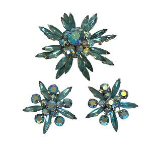 Judy Lee Aqua Blue AB Rhinestone Brooch Pin Clip On Earrings Set Starburst VTG